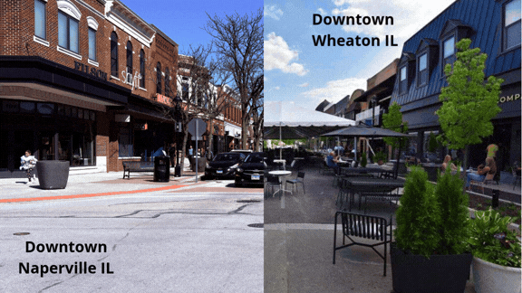 A comparison of the streets of Naperville and Wheaton. Naperville is taken up by cars and looks generally bad, while Wheaton has 